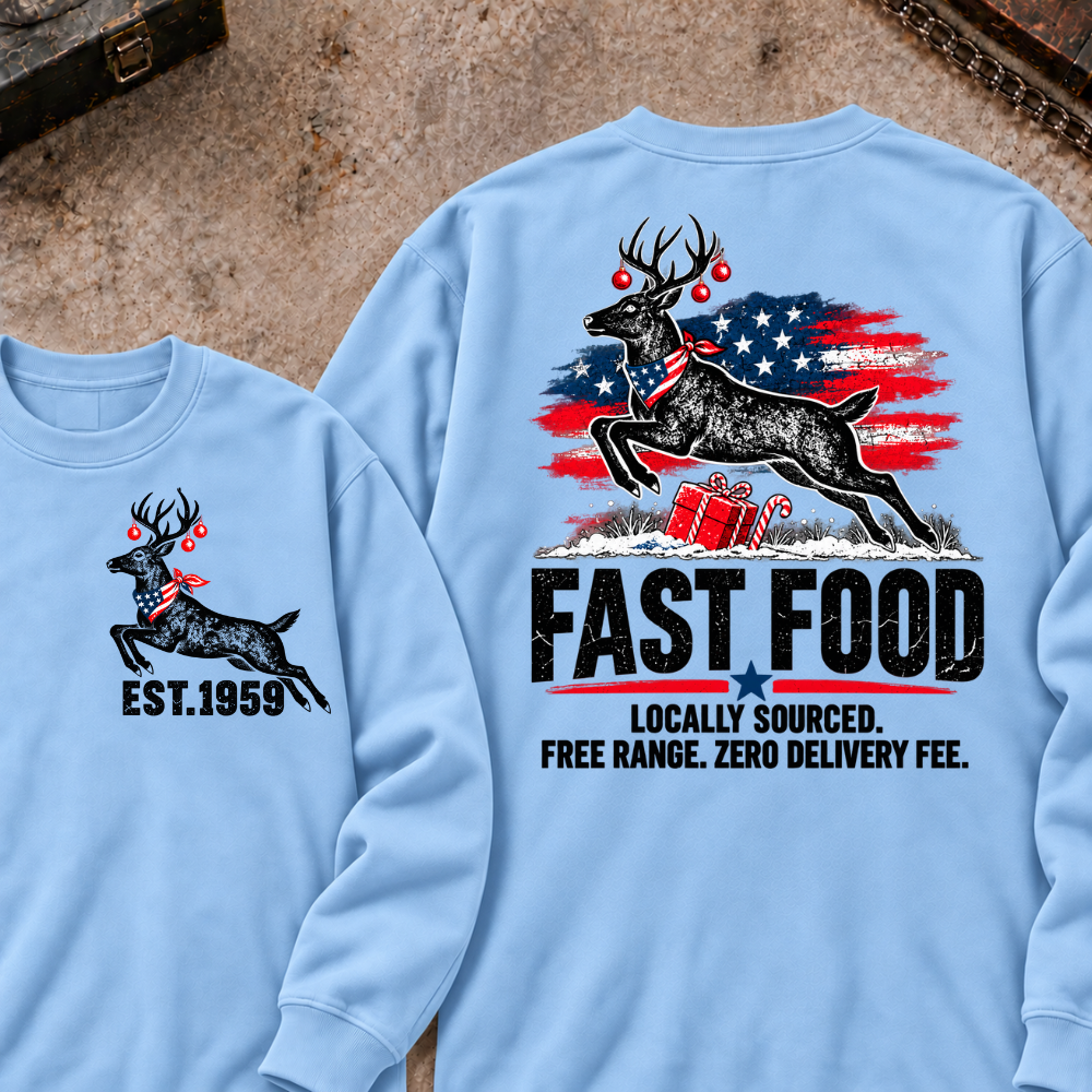 Fast Food Locally Sourced. Free Range. Zero Delivery Fee EST.Year Reindeer Christmas Sweatshirt