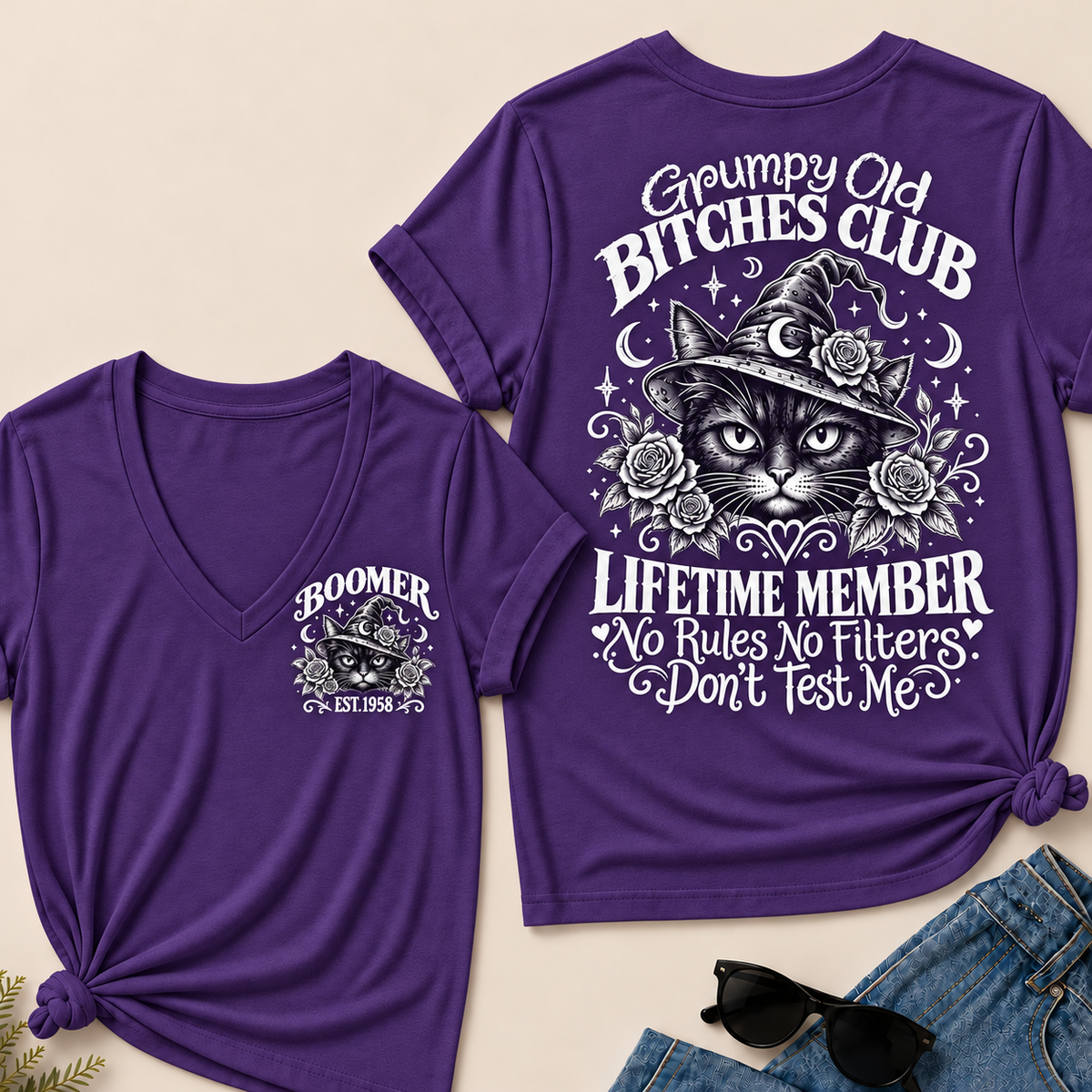 Grumpy Old Bitches Club Lifetime Member Don't Try Me Custom Your Year V‑Neck T‑Shirt