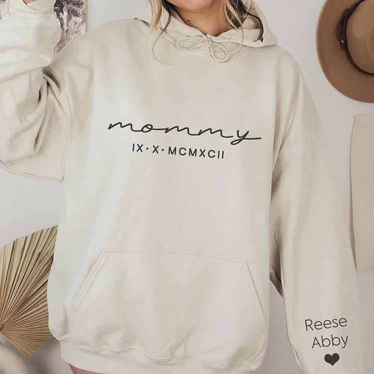 Custom Mama Roman Date Mom Birthday Date Sweatshirt, Custom Mother's Day Sweatshirt, with Children's Names on the Sleeve