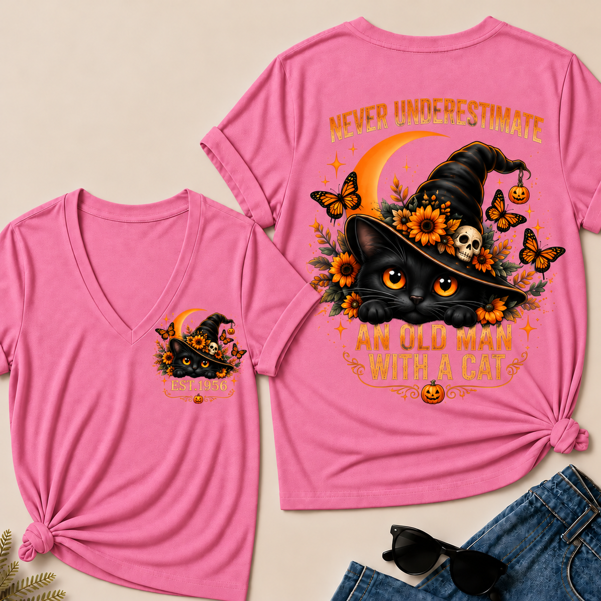 Never Underestimate An Old Man With A Cat EST.Year V-Neck Tee
