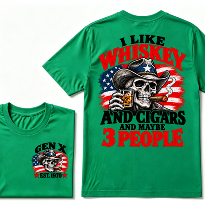 Gen X EST.Year I Like Whiskey And Cigars And Maybe 3 People Cowboy Skull American Flag Graphic T-Shirt