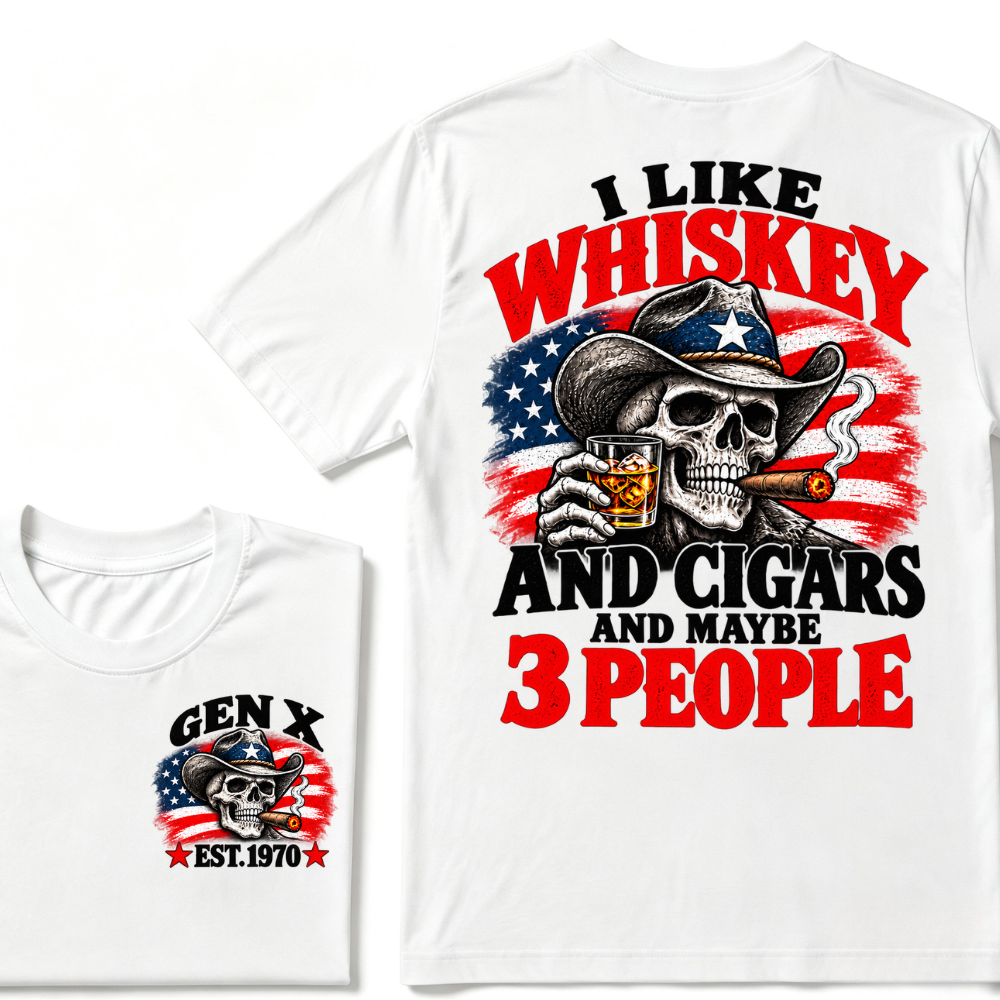 Gen X EST.Year I Like Whiskey And Cigars And Maybe 3 People Cowboy Skull American Flag Graphic T-Shirt