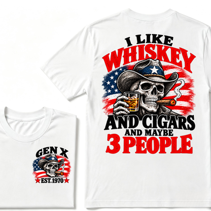 Gen X EST.Year I Like Whiskey And Cigars And Maybe 3 People Cowboy Skull American Flag Graphic T-Shirt