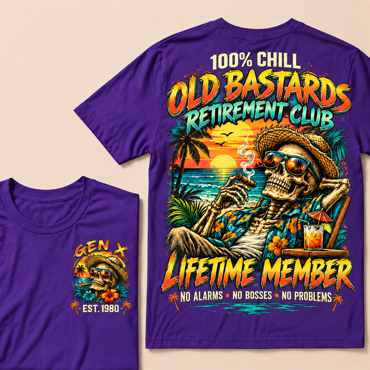 100% Chill Old Bastards Retirement Club Lifetime Member No Alarms • No Bosses • No Problems Custom Year T-shirt