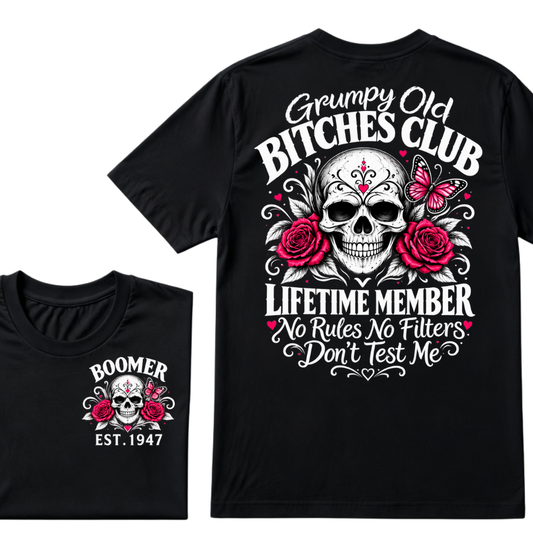 Boomer EST.Year Grumpy Old Club Sugar Skull Rose Butterfly Vintage Graphic T-Shirt