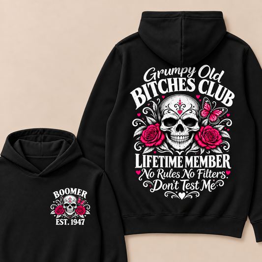 Boomer EST.Year Grumpy Old Club Sugar Skull Rose Butterfly Vintage Graphic  Custom Your Year Hoodie