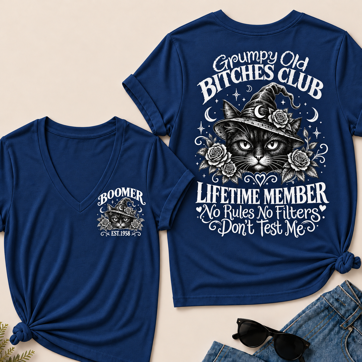 Grumpy Old Bitches Club Lifetime Member Don't Try Me Custom Your Year  V‑Neck T‑Shirt