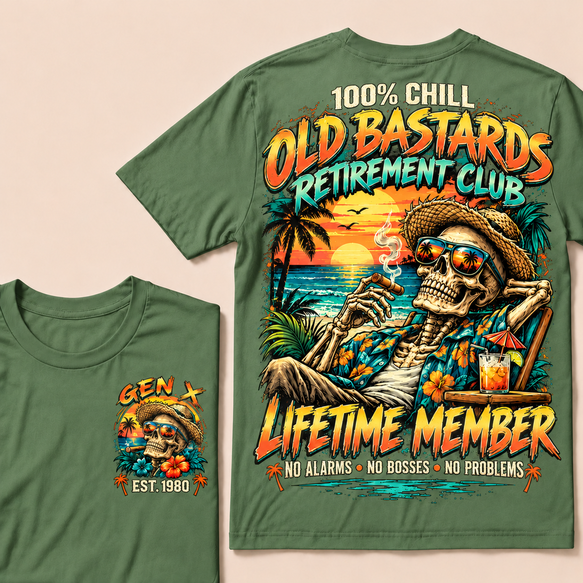 100% Chill Old Bastards Retirement Club Lifetime Member No Alarms • No Bosses • No Problems Custom Year T-shirt