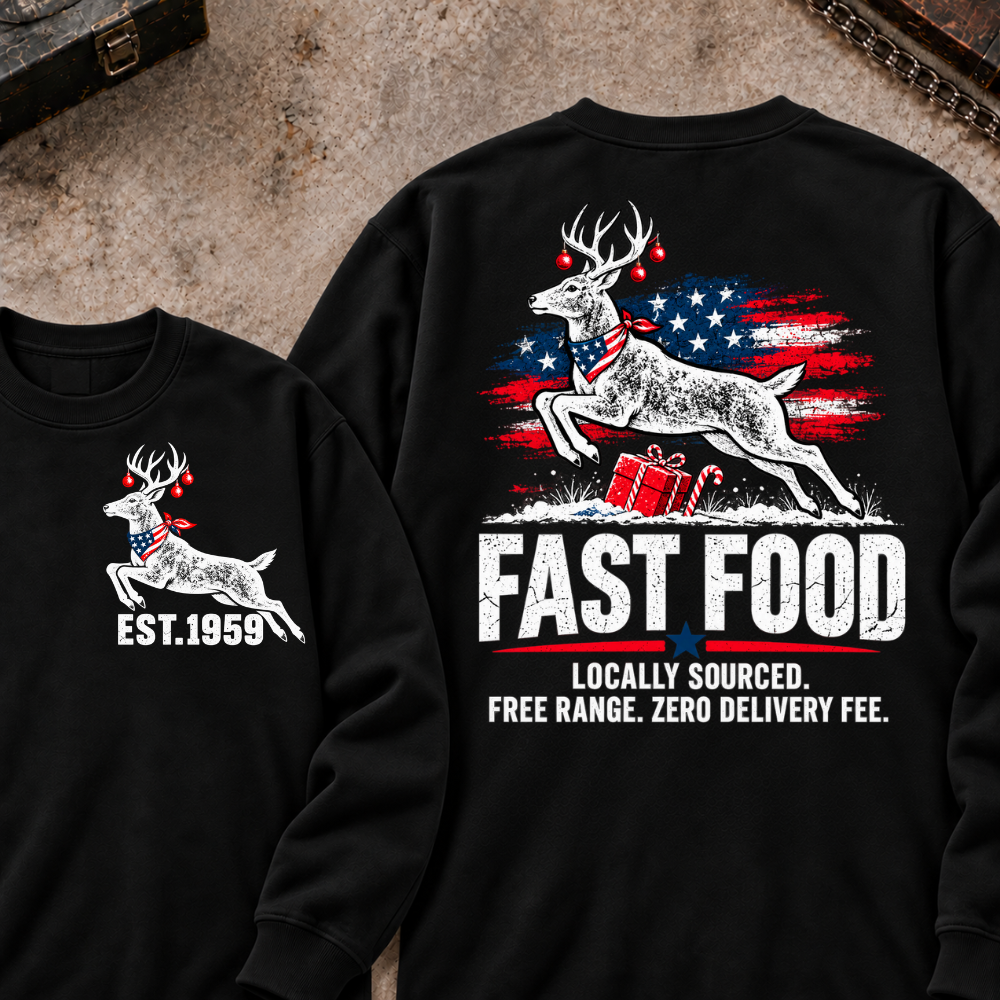 Fast Food Locally Sourced. Free Range. Zero Delivery Fee EST.Year Reindeer Christmas Sweatshirt