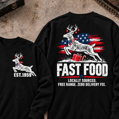 Fast Food Locally Sourced. Free Range. Zero Delivery Fee EST.Year Reindeer Christmas Sweatshirt