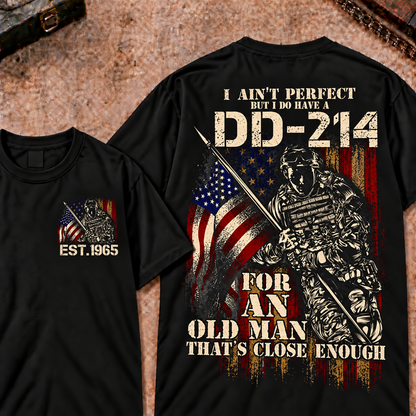 Veteran DD-214 Graphic Henley T-Shirt 'I Ain't Perfect Old Man' Quote Short Sleeve Custom Your Year Tee