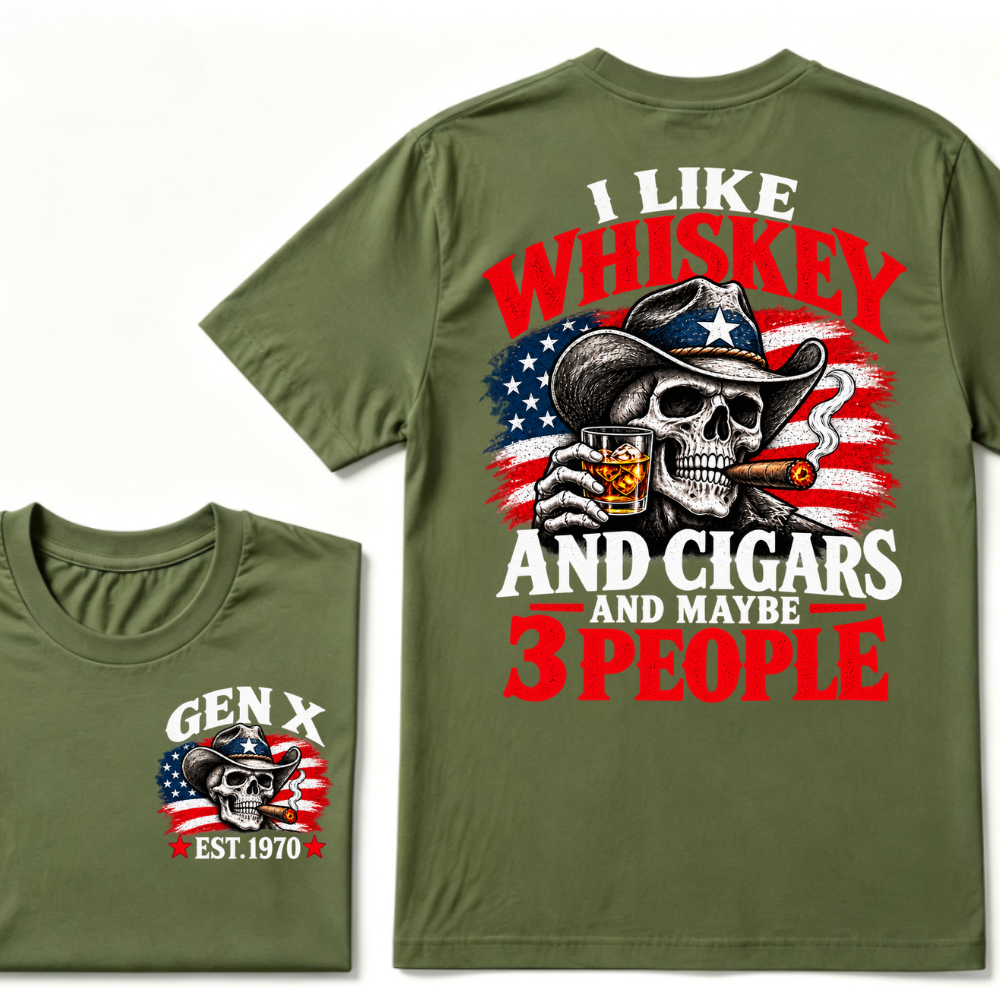 Gen X EST.Year I Like Whiskey And Cigars And Maybe 3 People Cowboy Skull American Flag Graphic T-Shirt