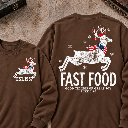 Fast Food Good Tidings Of Great Joy Luke 2:10 EST.Year Reindeer Fast Food Christmas Sweatshirt