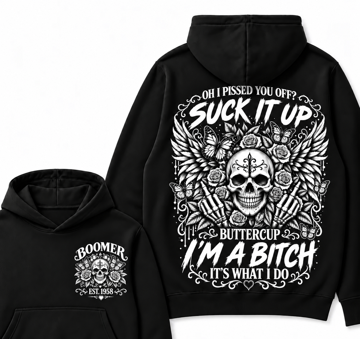 Custom Year Boomer Suck It Up Buttercup Skull Graphic Hoodie