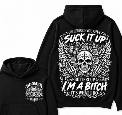 Custom Year Boomer Suck It Up Buttercup Skull Graphic Hoodie