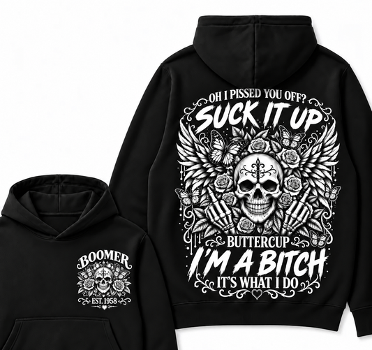 Custom Year Boomer Suck It Up Buttercup Skull Graphic Hoodie