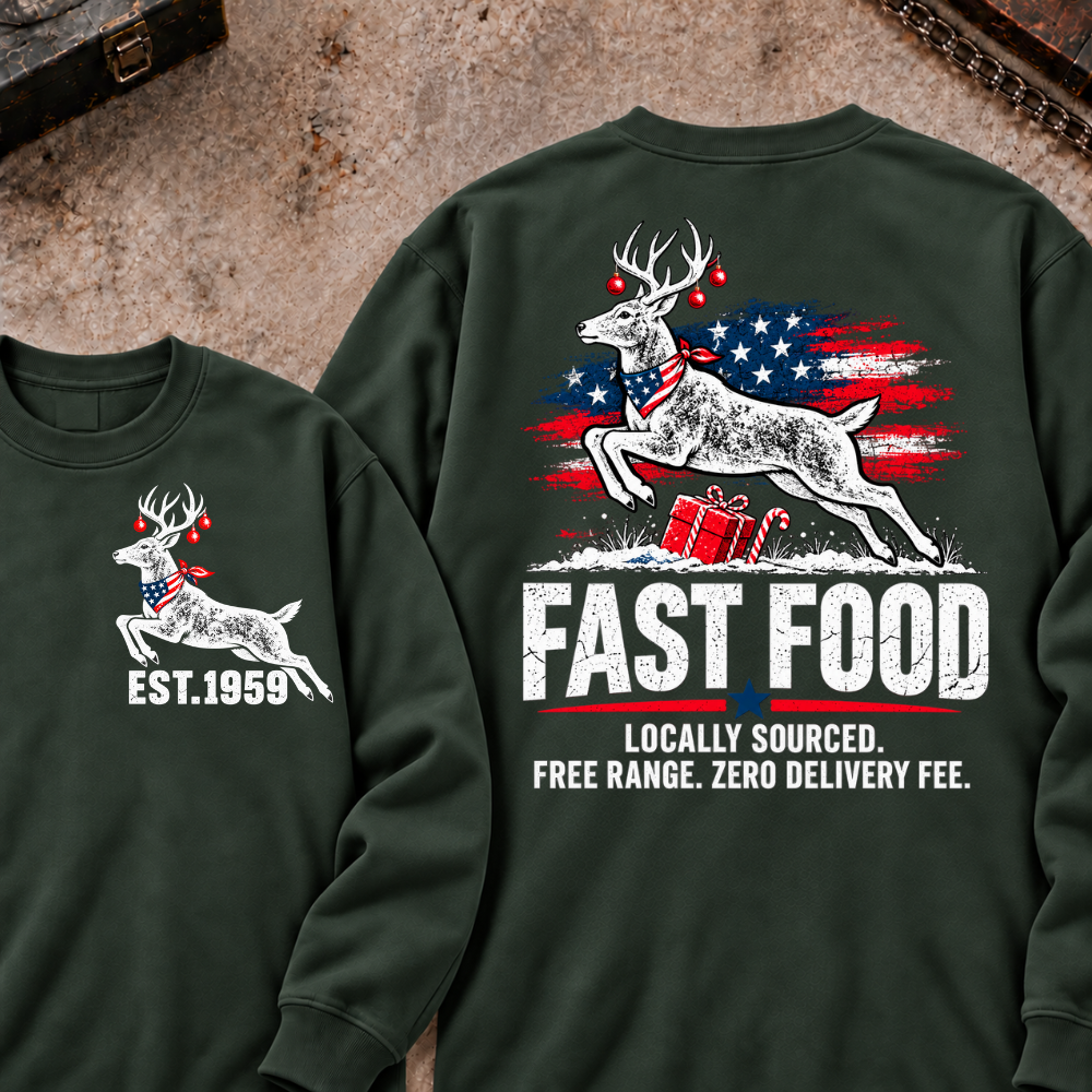 Fast Food Locally Sourced. Free Range. Zero Delivery Fee EST.Year Reindeer Christmas Sweatshirt