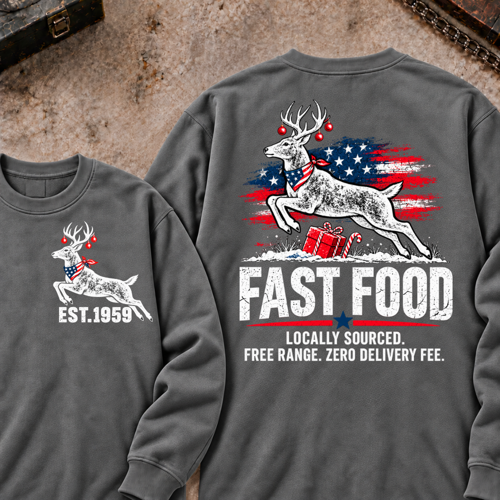 Fast Food Locally Sourced. Free Range. Zero Delivery Fee EST.Year Reindeer Christmas Sweatshirt