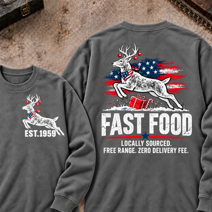 Fast Food Locally Sourced. Free Range. Zero Delivery Fee EST.Year Reindeer Christmas Sweatshirt