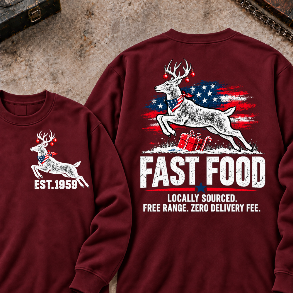 Fast Food Locally Sourced. Free Range. Zero Delivery Fee EST.Year Reindeer Christmas Sweatshirt