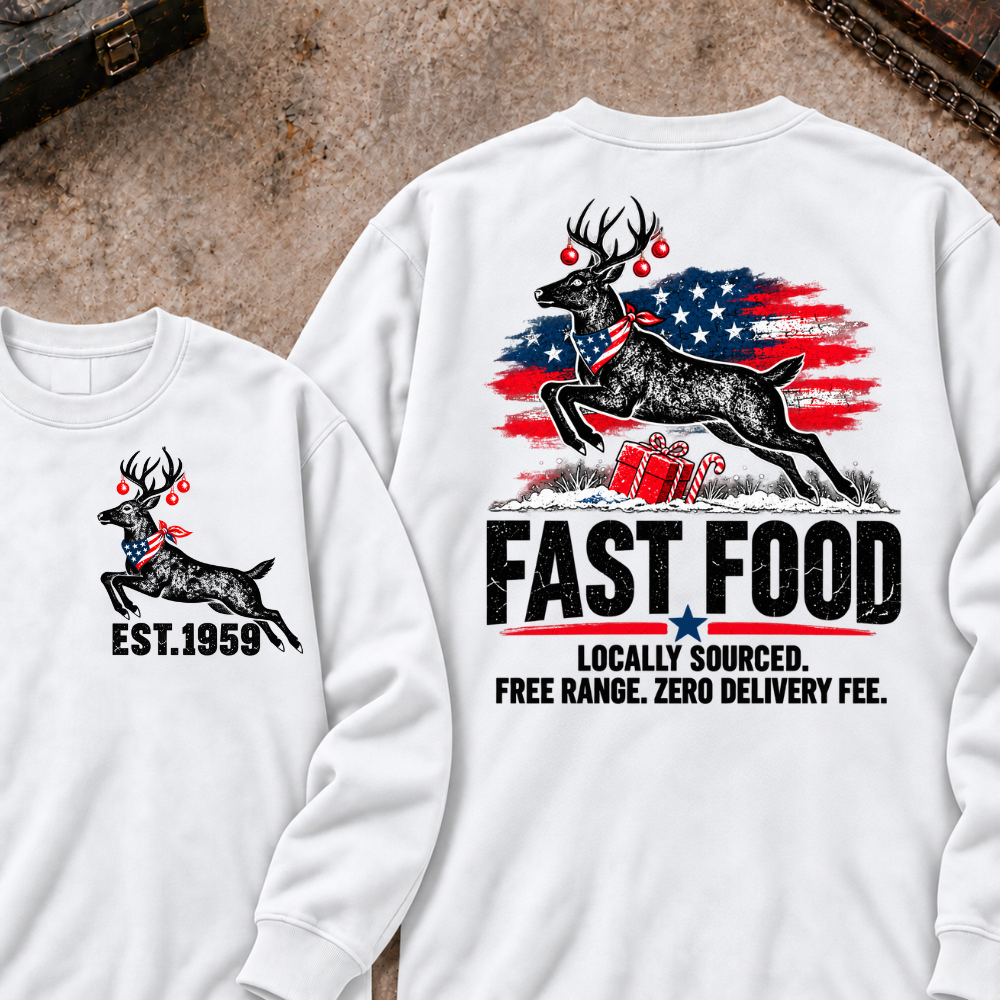 Fast Food Locally Sourced. Free Range. Zero Delivery Fee EST.Year Reindeer Christmas Sweatshirt