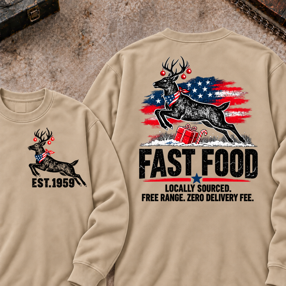 Fast Food Locally Sourced. Free Range. Zero Delivery Fee EST.Year Reindeer Christmas Sweatshirt