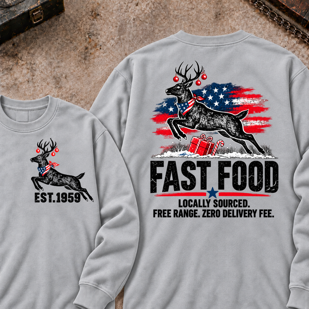 Fast Food Locally Sourced. Free Range. Zero Delivery Fee EST.Year Reindeer Christmas Sweatshirt