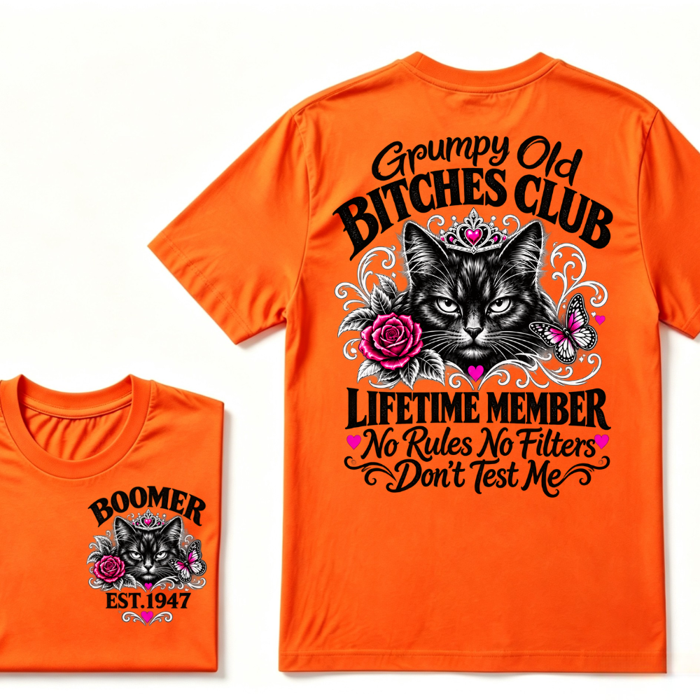 Boomer EST.Year Grumpy Old Club Crown Cat Rose Butterfly Sarcastic Graphic T-Shirt