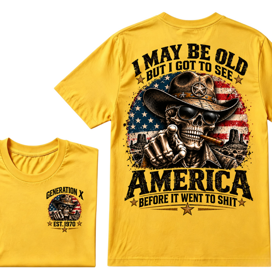 Generation X EST.Year Cowboy Skull American Flag T-Shirt I May Be Old But I Got To See America Vintage Western Patriotic Tee