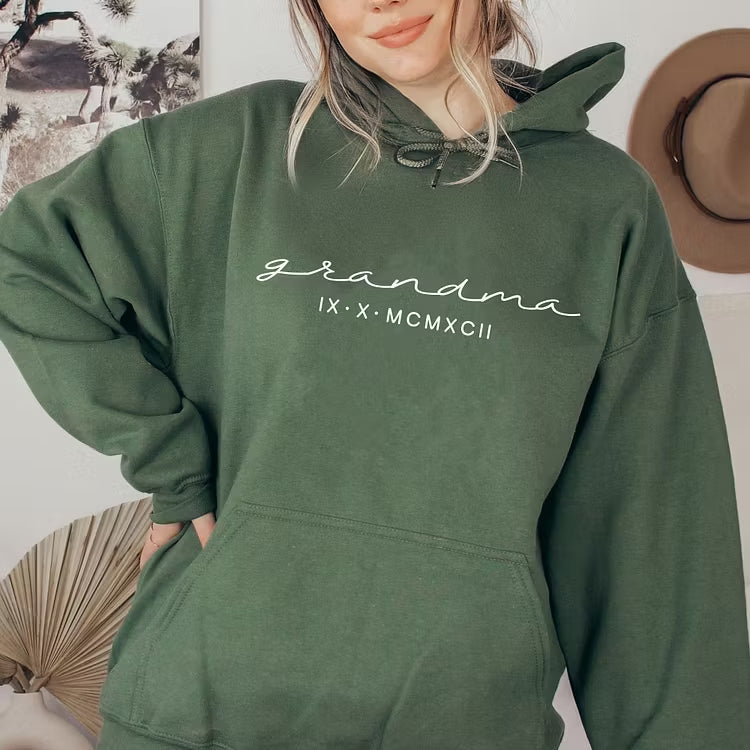 Custom Mama Roman Date Mom Birthday Date Sweatshirt, Custom Mother's Day Sweatshirt, with Children's Names on the Sleeve
