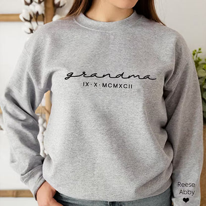Custom Mama Roman Date Mom Birthday Date Sweatshirt, Custom Mother's Day Sweatshirt, with Children's Names on the Sleeve