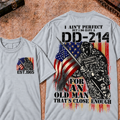 Veteran DD-214 Graphic Henley T-Shirt 'I Ain't Perfect Old Man' Quote Short Sleeve Custom Your Year Tee