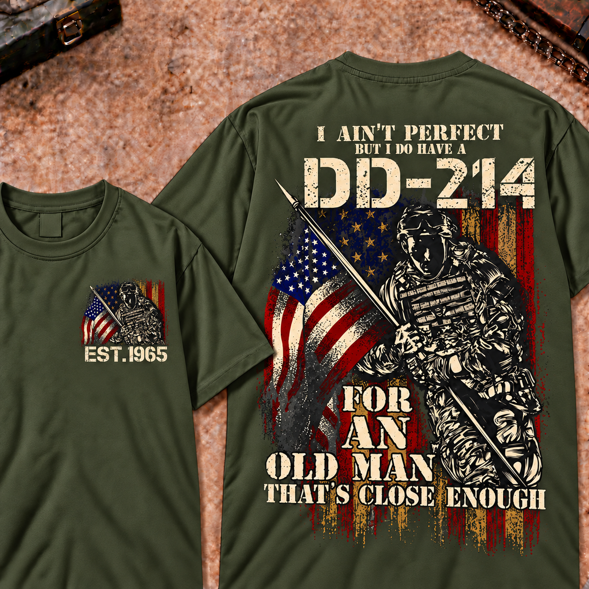 Veteran DD-214 Graphic Henley T-Shirt 'I Ain't Perfect Old Man' Quote Short Sleeve Custom Your Year Tee