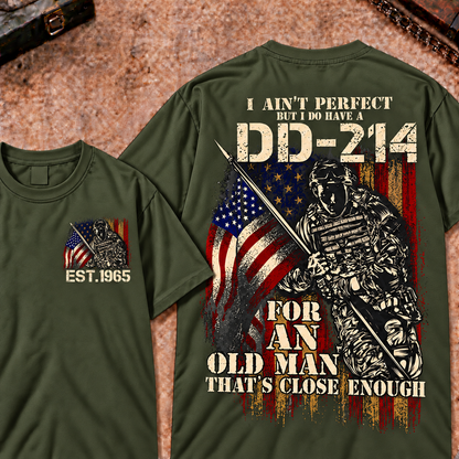 Veteran DD-214 Graphic Henley T-Shirt 'I Ain't Perfect Old Man' Quote Short Sleeve Custom Your Year Tee