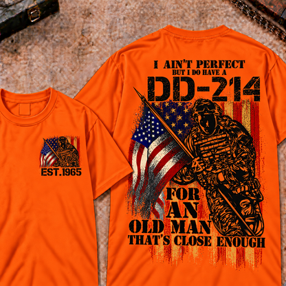 Veteran DD-214 Graphic Henley T-Shirt 'I Ain't Perfect Old Man' Quote Short Sleeve Custom Your Year Tee