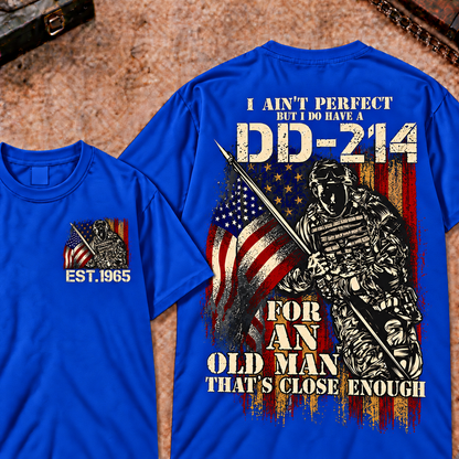 Veteran DD-214 Graphic Henley T-Shirt 'I Ain't Perfect Old Man' Quote Short Sleeve Custom Your Year Tee
