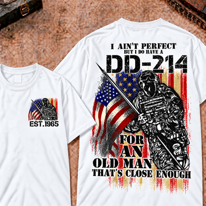 Veteran DD-214 Graphic Henley T-Shirt 'I Ain't Perfect Old Man' Quote Short Sleeve Custom Your Year Tee