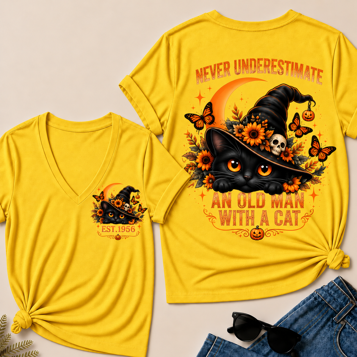 Never Underestimate An Old Man With A Cat EST.Year V-Neck Tee
