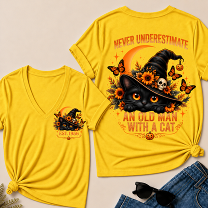Never Underestimate An Old Man With A Cat EST.Year V-Neck Tee