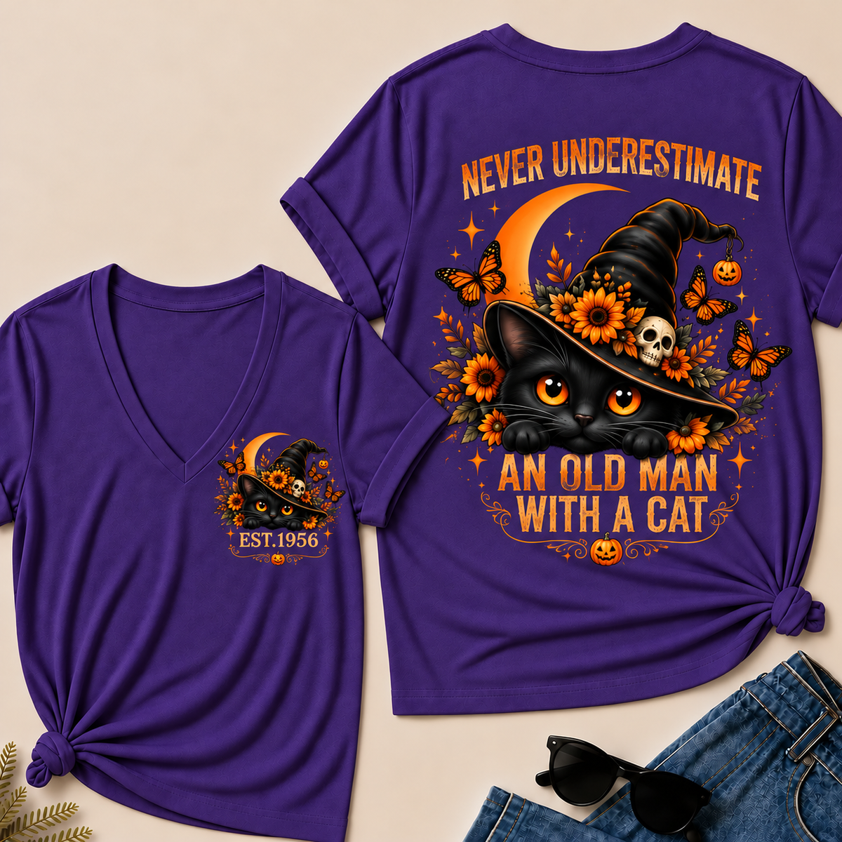 Never Underestimate An Old Man With A Cat EST.Year V-Neck Tee