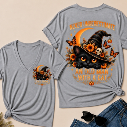 Never Underestimate An Old Man With A Cat EST.Year V-Neck Tee