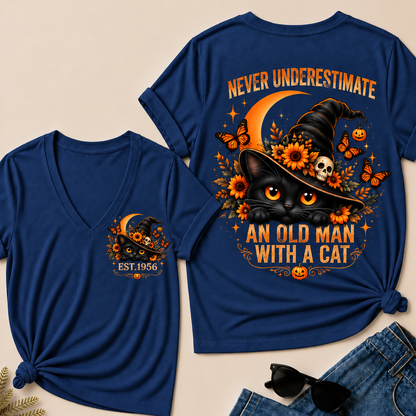 Never Underestimate An Old Man With A Cat EST.Year V-Neck Tee