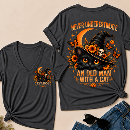 Never Underestimate An Old Man With A Cat EST.Year V-Neck Tee