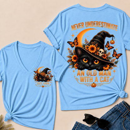 Never Underestimate An Old Man With A Cat EST.Year V-Neck Tee