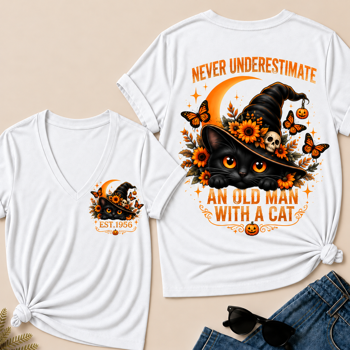Never Underestimate An Old Man With A Cat EST.Year V-Neck Tee