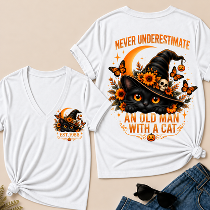 Never Underestimate An Old Man With A Cat EST.Year V-Neck Tee