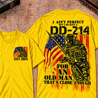 Veteran DD-214 Graphic Henley T-Shirt 'I Ain't Perfect Old Man' Quote Short Sleeve Custom Your Year Tee